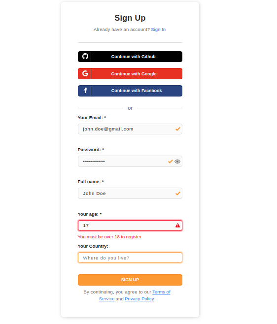 Prebuilt sign up form with custom validation